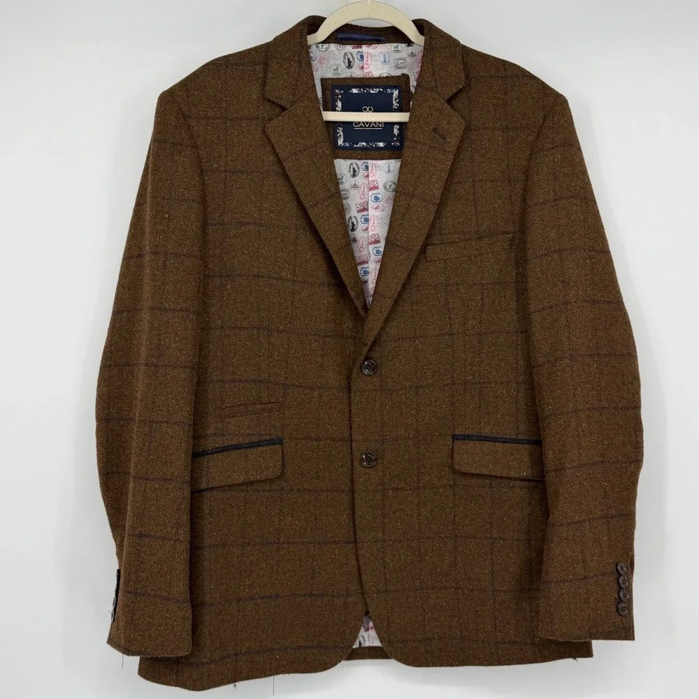 House of Cavani Blazer Men's 44R Brown Windowpane Tweed Wool Slim Fit